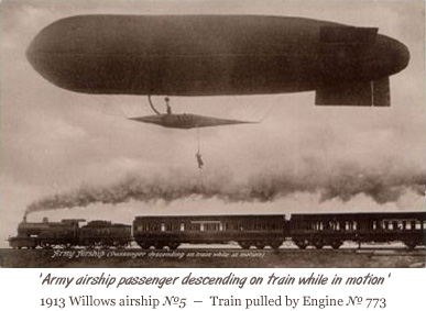 man descending from airship onto train